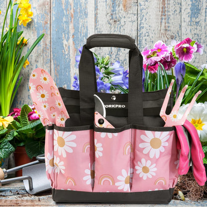 WORKPRO Garden Tool Bag, 9 Pockets Gardening Bag, Heavy Duty Oxford Garden Tote Caddy (Tools NOT Included), 12" x 12" x 6" (Floral White)
