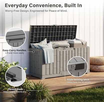 EAST OAK Outdoor Storage Box, 31 Gallon Deck Box Indoor and Outdoor Use, Waterproof Resin Storage Bin for Package Delivery, Patio Cushions, Gardening Tools, Lockable, UV Resistant, Grey