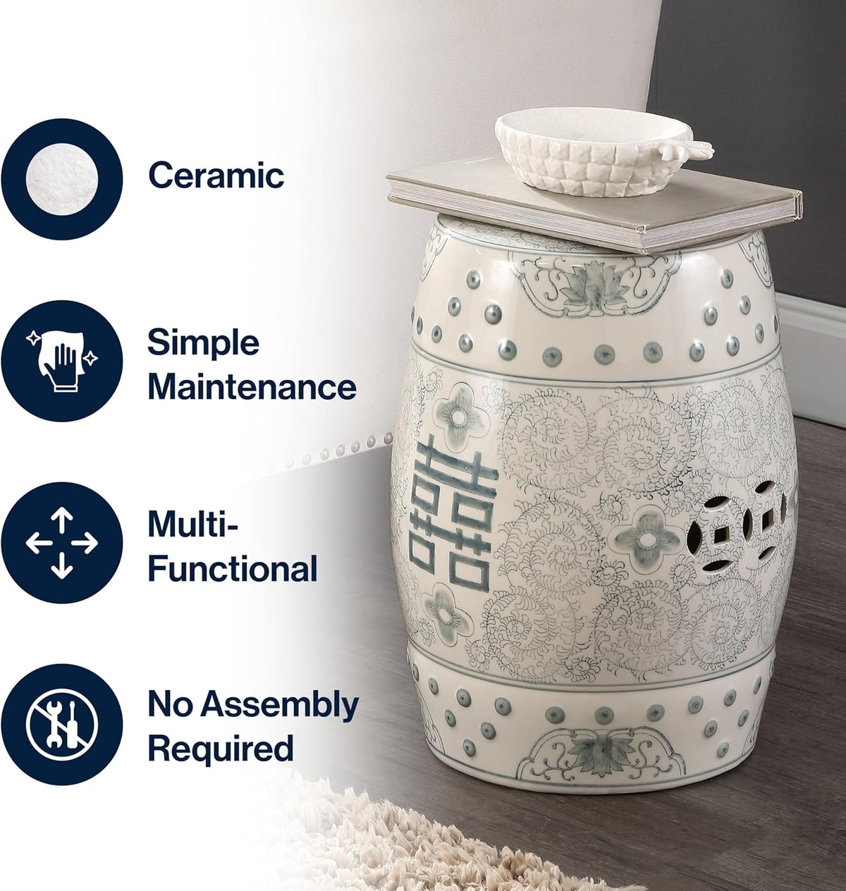 JONATHAN Y Double Happiness 18" Ceramic Garden Stool, Traditional Chinoiserie Dusty Teal and White Indoor/Outdoor Patio Drum Accent Side Table and Plant Stand TBL1013C