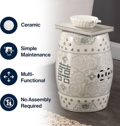 JONATHAN Y Double Happiness 18" Ceramic Garden Stool, Traditional Chinoiserie Dusty Teal and White Indoor/Outdoor Patio Drum Accent Side Table and Plant Stand TBL1013C