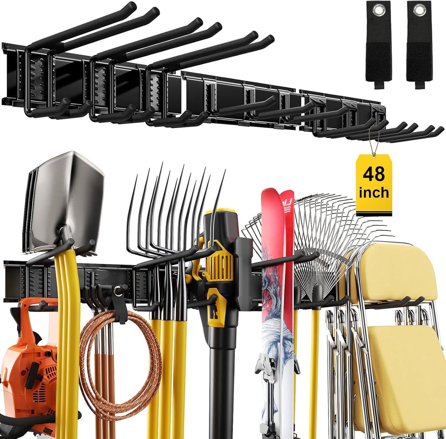 64" Garage Wall Tool Organizer, 900 Lbs Heavy Duty Steel Garden Tool Storage Rack & Garage Organization for Yard, Shed, Garage - 12 Longer & Thicker Hooks + 2 Straps