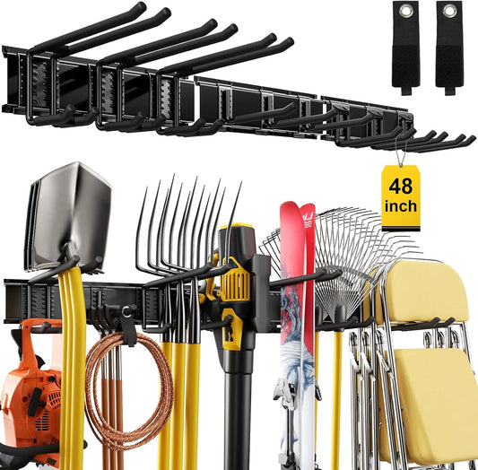 64" Garage Wall Tool Organizer, 900 Lbs Heavy Duty Steel Garden Tool Storage Rack & Garage Organization for Yard, Shed, Garage - 12 Longer & Thicker Hooks + 2 Straps