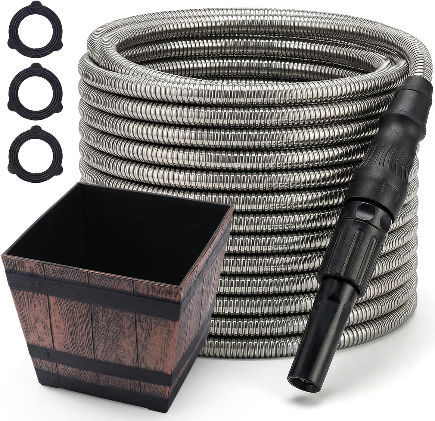Bernini 40-Ft Metal Garden Hose with Storage Pot, Heavy-Duty, Flexible and Expandable Garden Hose, Kink-Free Stainless Steel, Includes Spray Nozzle & Brass Fittings