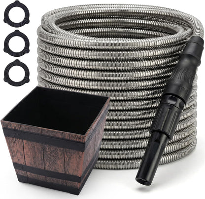 Bernini 40-Ft Metal Garden Hose with Storage Pot, Heavy-Duty, Flexible and Expandable Garden Hose, Kink-Free Stainless Steel, Includes Spray Nozzle & Brass Fittings
