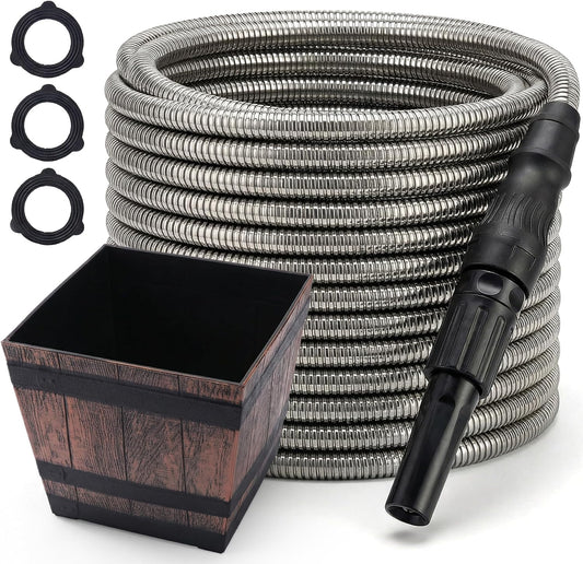 Bernini 40-Ft Metal Garden Hose with Storage Pot, Heavy-Duty, Flexible and Expandable Garden Hose, Kink-Free Stainless Steel, Includes Spray Nozzle & Brass Fittings