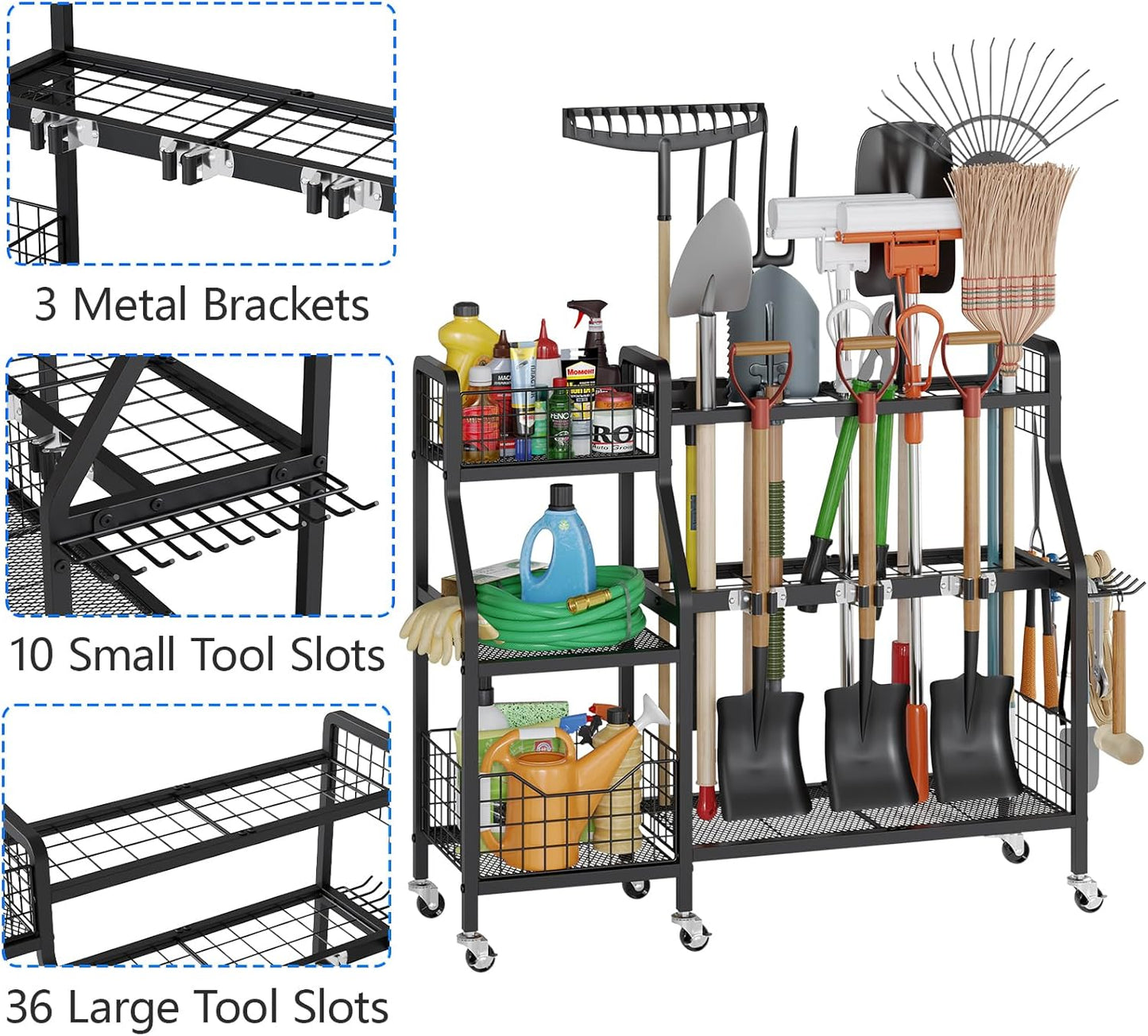 keomaisyto Garden Tool Organizer with 6 Wheels(3 lockable), Heavy Duty Yard Tool organizer with 2 Basket, Large Metal Garage Tool Organization and Storage for Garage/Shed/Yard/Broom Closet/Lawn