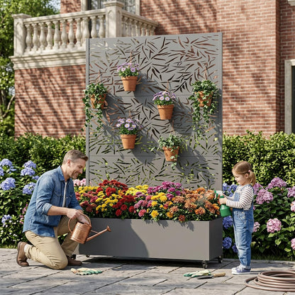 Casaphoria Metal Raised Garden Bed with Trellis and Wheels, 72"x47"x16" Planter Box for Climbing Plants, Vegetables & Vines, Features Drainage Holes and Privacy Screen (Black-Louver) - Colors A