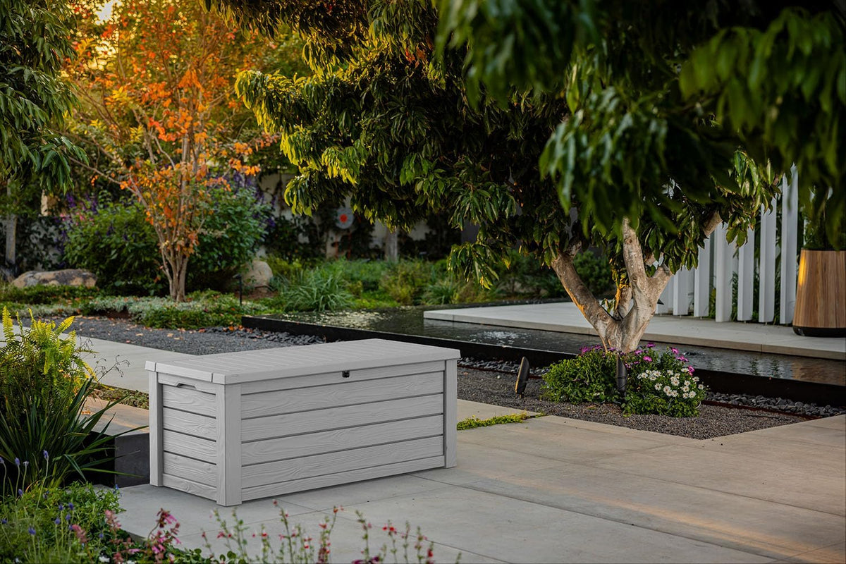 Keter 150 Gallon Resin Large Deck Box Organization and Storage Box for Patio, Outdoor Cushions, Garden Tools, Brown