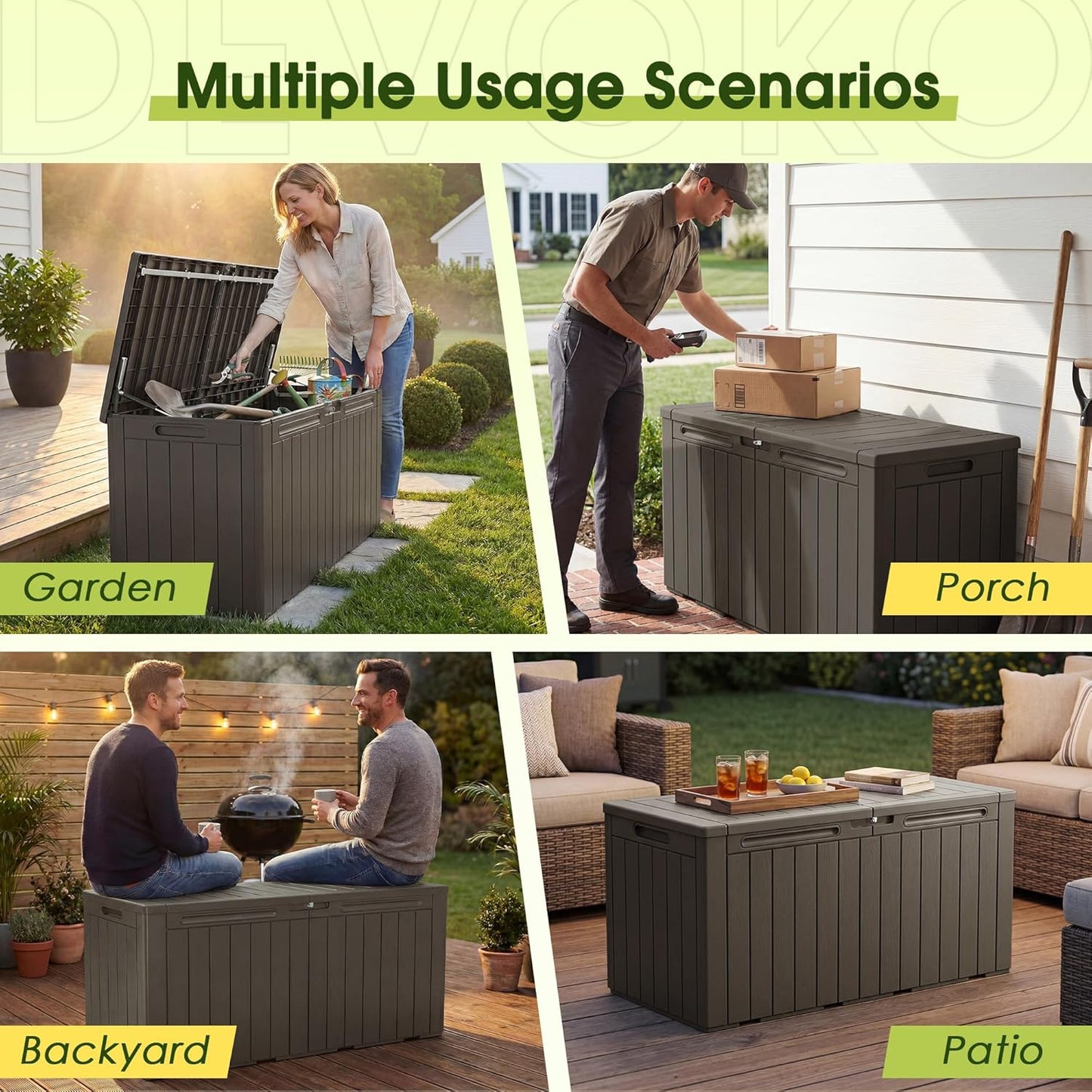 Devoko 100 Gallon Waterproof Large Resin Deck Box Indoor Outdoor Lockable Storage Container for Patio Furniture Cushions Garden Tools (100 Gallon, Black)