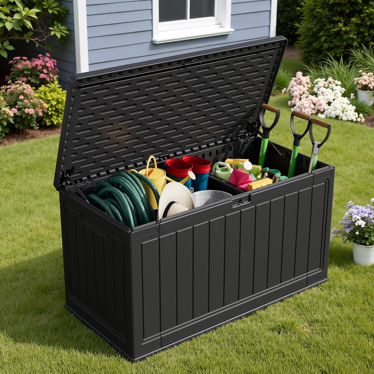 30 Gallon Resin Deck Box Waterproof Outdoor Storage Box for Patio Furniture Pool Accessories Indoor Storage for Cushion Garden Tools (30 Gallon, Black)