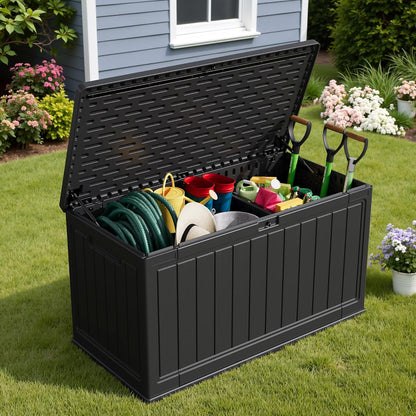 30 Gallon Resin Deck Box Waterproof Outdoor Storage Box for Patio Furniture Pool Accessories Indoor Storage for Cushion Garden Tools (30 Gallon, Black)