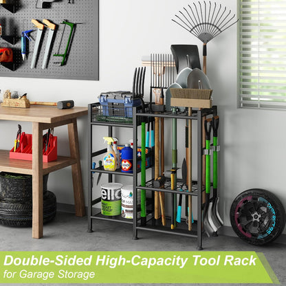 keomaisyto Garden Tool Organizer, Heavy Duty Yard Tool Tower Rack for Garage Organization and Storage, 3 Tier Utility Garden Tool Rack with hooks for Garden/Shed/Garage/Yard/Basement/Lawn
