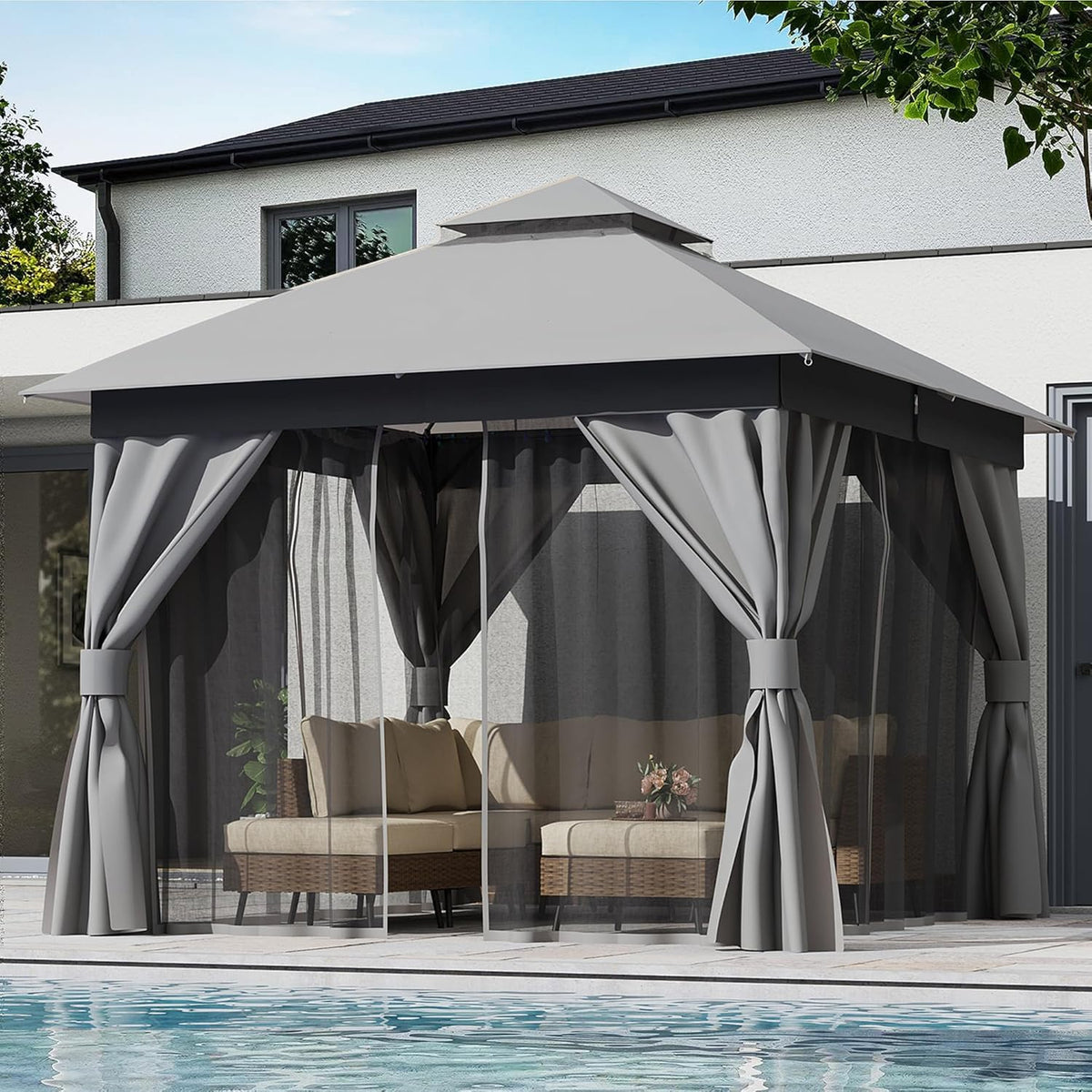 10x20 Gazebo Canopy with 100FT String Lights, Metal Heavy Duty Patio Canopy Tent with Double Roofs, Mosquito Nettings and Privacy Screens for Backyard, Garden, Lawn, Gray