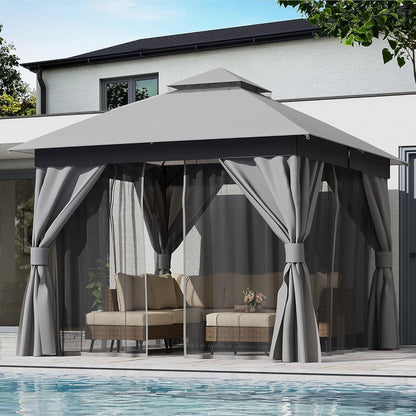 10x20 Gazebo Canopy with 100FT String Lights, Metal Heavy Duty Patio Canopy Tent with Double Roofs, Mosquito Nettings and Privacy Screens for Backyard, Garden, Lawn, Gray