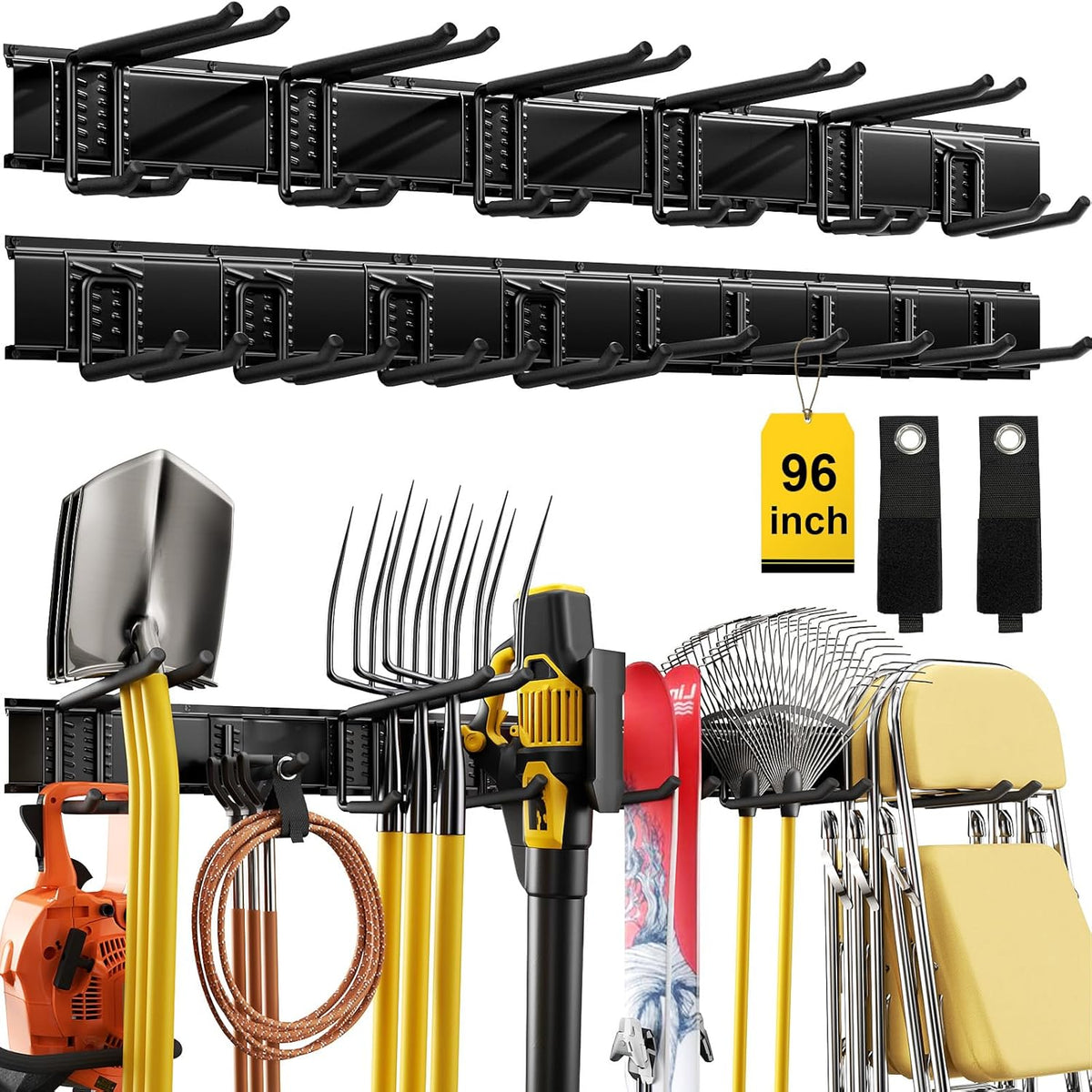 64" Garage Wall Tool Organizer, 900 Lbs Heavy Duty Steel Garden Tool Storage Rack & Garage Organization for Yard, Shed, Garage - 12 Longer & Thicker Hooks + 2 Straps
