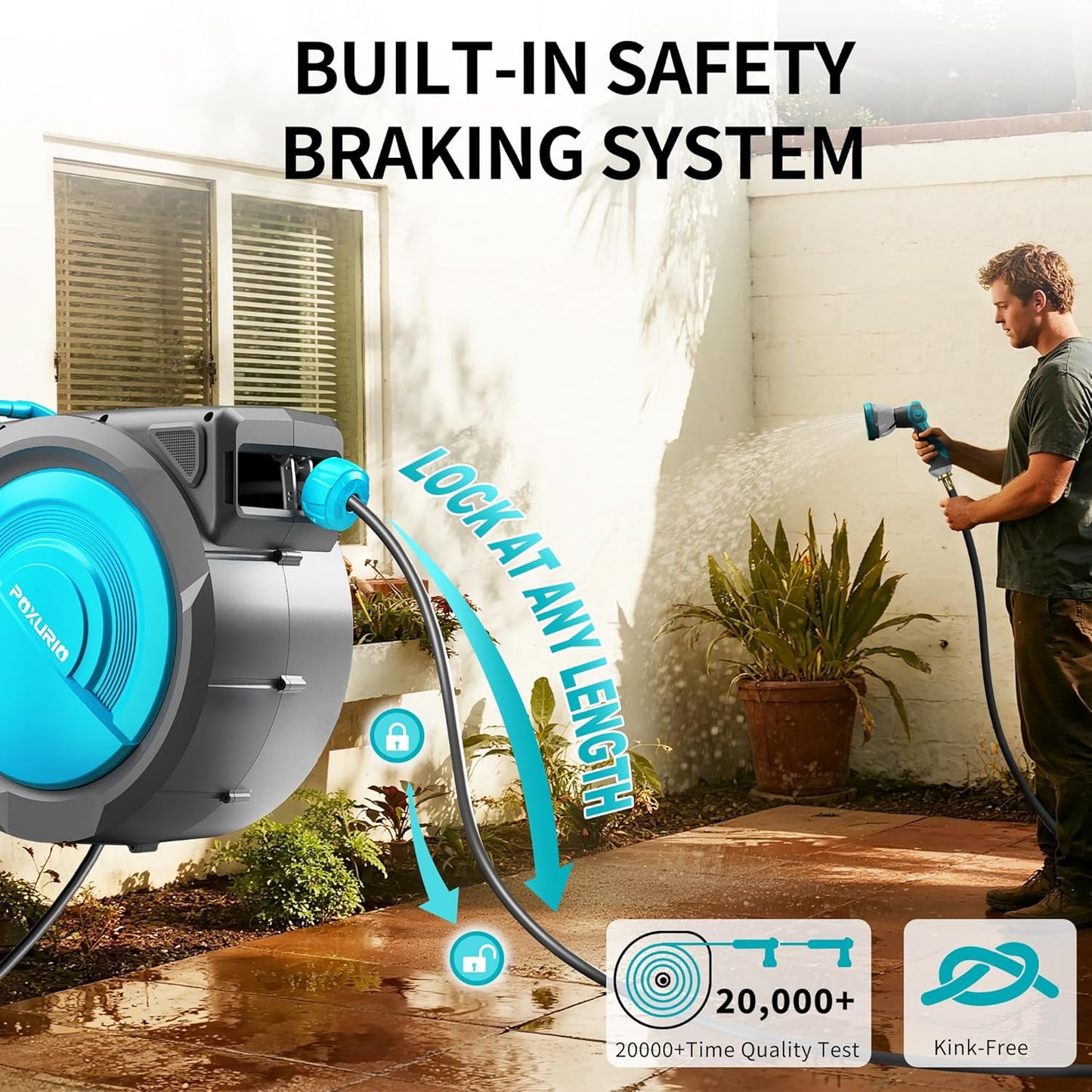 1/2" 150FT Retractable Garden Hose Reel, Wall Mounted Automatic Hose Reel with Upgraded 10 Pattern Nozzle/Any Length Lock/Slow Return System/180°Swivel Bracket, AquaBlue