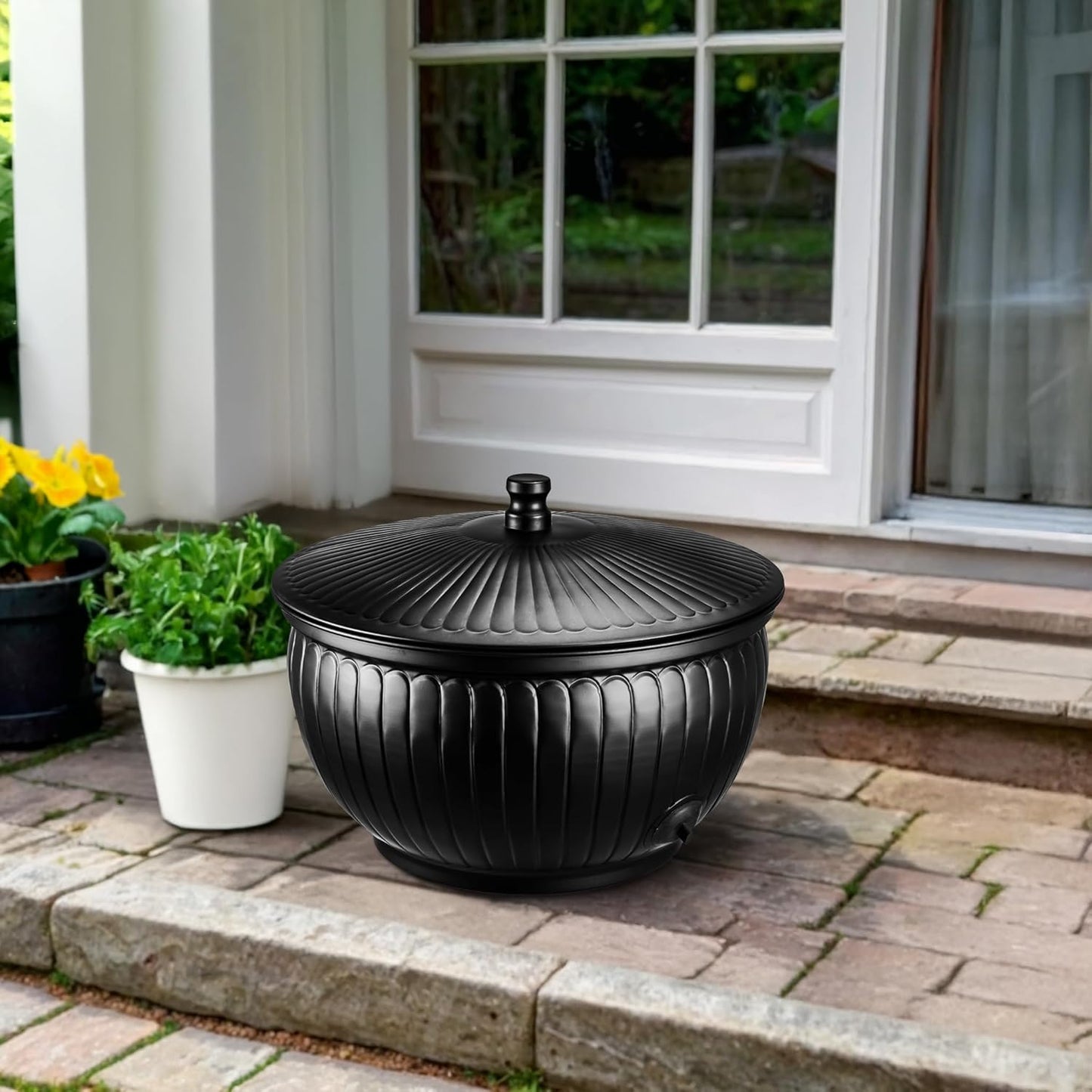 Monarch Abode Garden Hose Holder with Lid – Decorative Water Hose Holders for Outside, Arch Embossed Metal Patina Pot with Drainage, 100ft Waterhose Holder for Outside, Garden Storage Caddy
