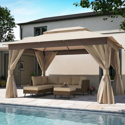 10x20 Gazebo Canopy with 100FT String Lights, Metal Heavy Duty Patio Canopy Tent with Double Roofs, Mosquito Nettings and Privacy Screens for Backyard, Garden, Lawn, Gray