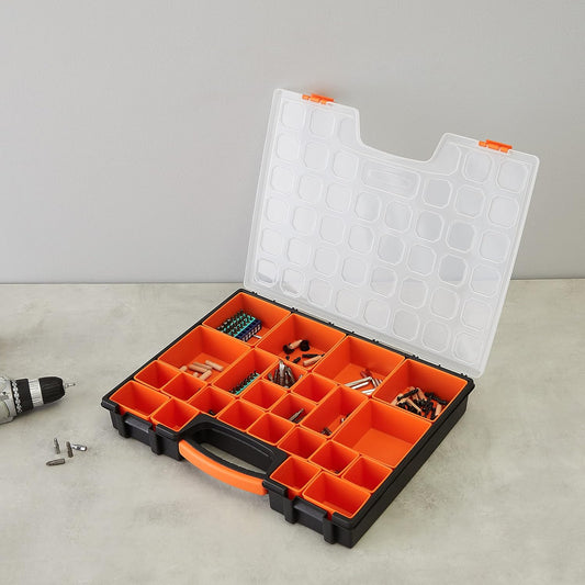 Amazon Basics 19-Removable Compartment Small Parts Organizer, Portable Hardware Storage Box with Customizable Compartments, Black, Orange, 16.5 x 13.2 x 2.4 inches