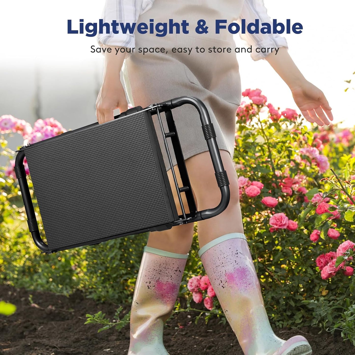 Tovve Foldable Garden Kneeler and Seat, Heavy Duty Garden Stool with 10" Wide Detachable Kneeling Pad, Portable Garden Bench Chair with Large Garden Tool Bag, Gardening Gifts for Women, Seniors, Mom