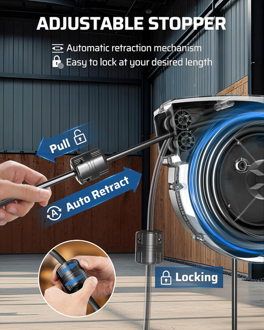 DEWENWILS Extension Cord Reel with Twist-lock Stopper, Brighter Triple Tap Outlet Heavy Duty Power Retractable Cord Reel, 180° Swivel Bracket for Ceiling or Wall Mount, ETL Listed, Black