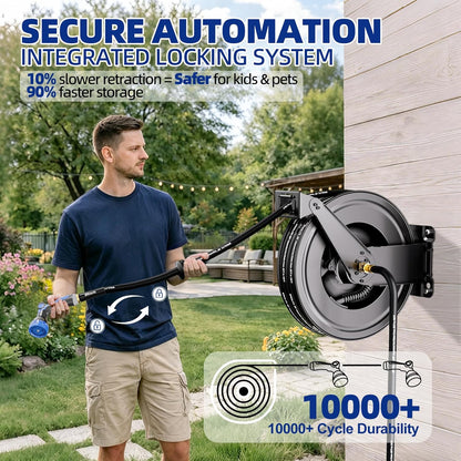 SPECILITE Hot/Cold Retractable Garden Hose Reel 50ft x 5/8'', -50℉ - 190 ℉, Wall Mount Water Pipe Spool, Heavy Duty, with 6ft Leader Hose, 8 Function Nozzle, for Backyard, Outdoor, Farm, Boat, Black