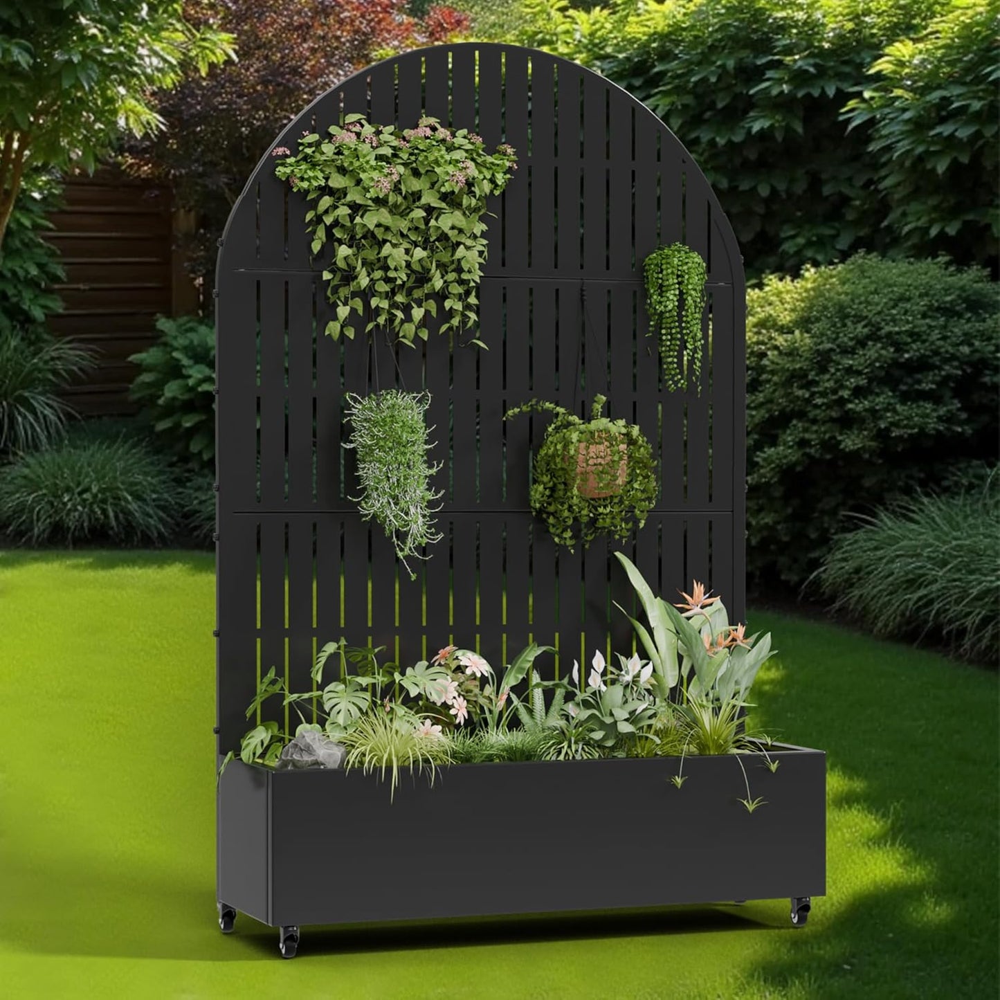 Casaphoria Metal Raised Garden Bed with Trellis and Wheels, 72"x47"x16" Planter Box for Climbing Plants, Vegetables & Vines, Features Drainage Holes and Privacy Screen (Black-Louver) - Colors C