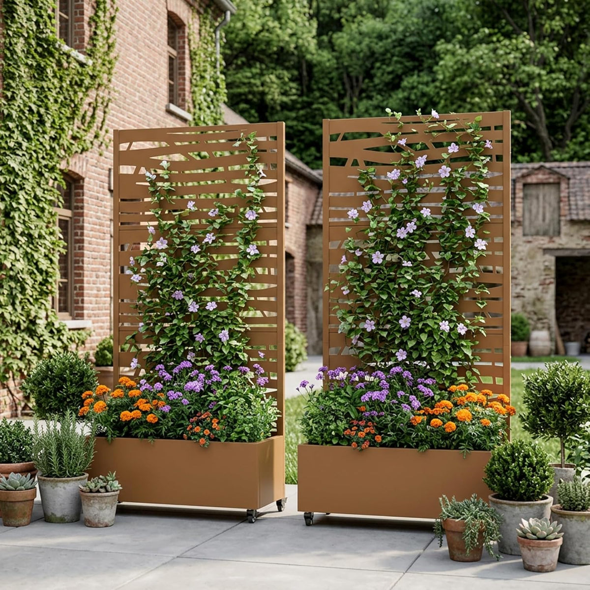 Casaphoria Metal Raised Garden Bed with Trellis and Wheels, 72"x47"x16" Planter Box for Climbing Plants, Vegetables & Vines, Features Drainage Holes and Privacy Screen (Black-Louver) - Colors D