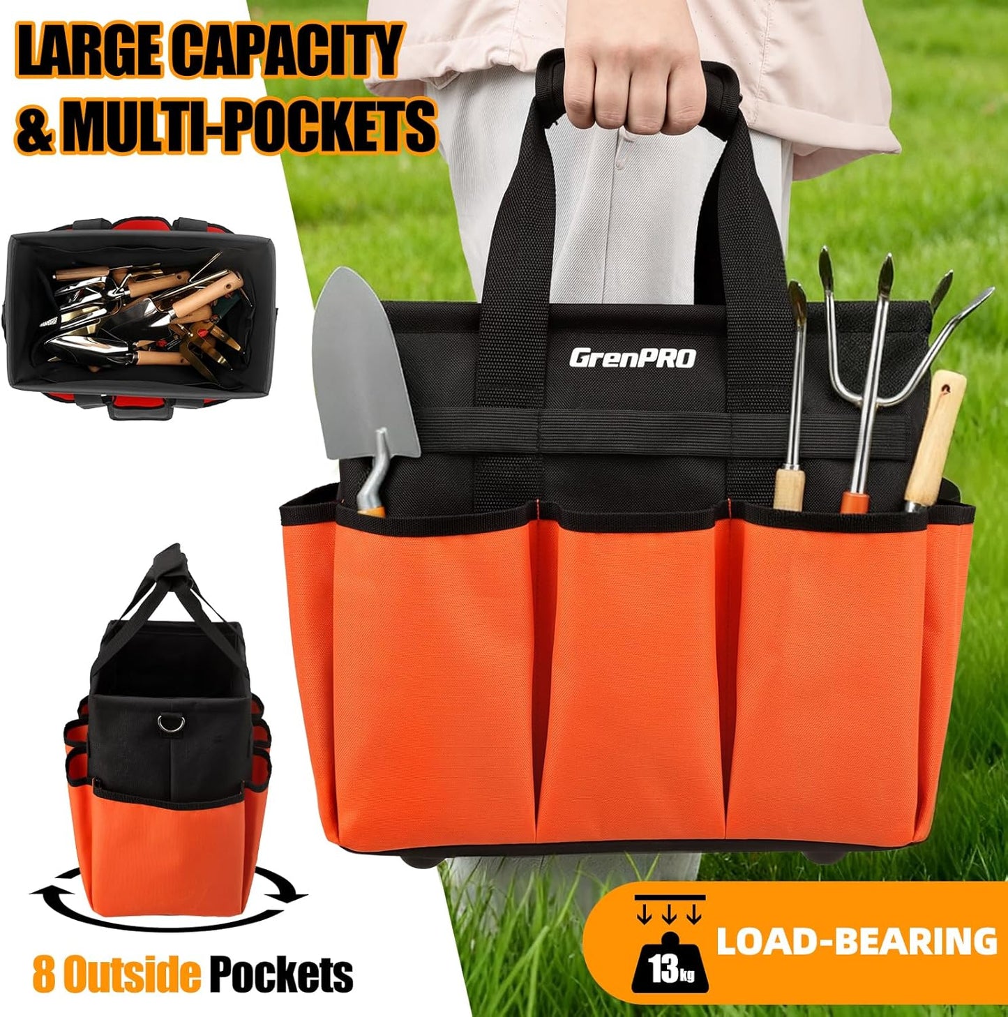 GrenPRO Garden Tool Bag Molded Bottom, Heavy Duty Tool Tote Toolbox with 10 Pockets, Reinforced & Top Snap Closure for Gardening Tools Storage, Dark Green(Tools Not Included)
