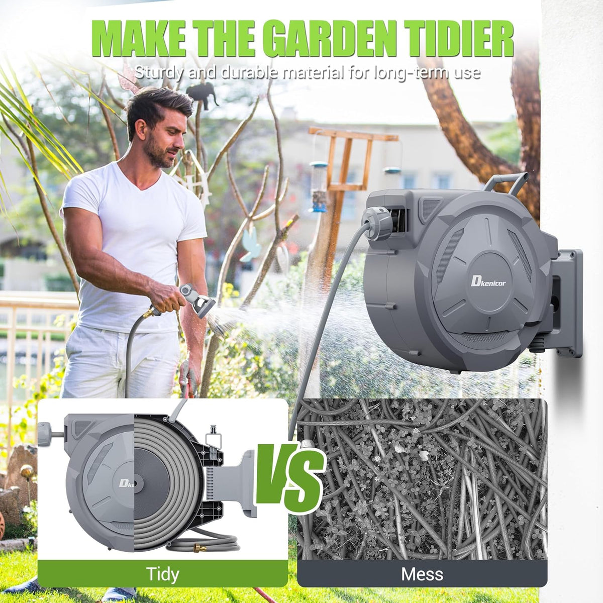 5/8" × 110 ft Retractable Hose Reel, Heavy Duty Retractable Garden Hose Reel Wall Mounted with 10-Pattern Hose Nozzle/Any Length Lock/Slow Return System/180°Swivel Bracket
