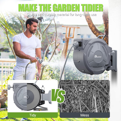 5/8" × 110 ft Retractable Hose Reel, Heavy Duty Retractable Garden Hose Reel Wall Mounted with 10-Pattern Hose Nozzle/Any Length Lock/Slow Return System/180°Swivel Bracket