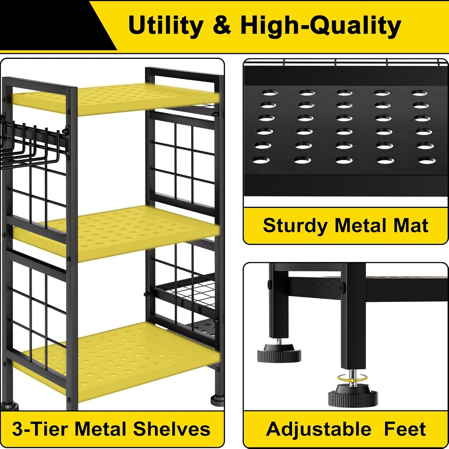 3 Tier Garden Tool Organizer, Garage Storage and Organization, Metal Yard Tools Storage up to 78 Tools, Heavy Duty Garden Tool Organizer for Garage, Yard, Patio, Shed, Indoors and Outdoors, Black