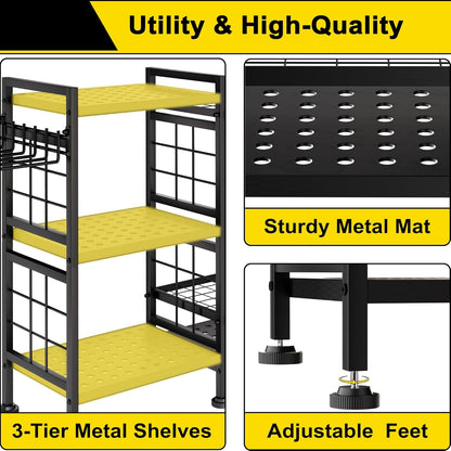 3 Tier Garden Tool Organizer, Garage Storage and Organization, Metal Yard Tools Storage up to 78 Tools, Heavy Duty Garden Tool Organizer for Garage, Yard, Patio, Shed, Indoors and Outdoors, Black