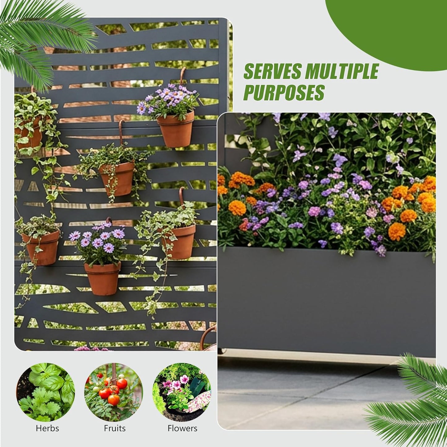 Casaphoria Metal Raised Garden Bed with Trellis and Wheels, 72"x47"x16" Planter Box for Climbing Plants, Vegetables & Vines, Features Drainage Holes and Privacy Screen (Black-Louver) - Colors D