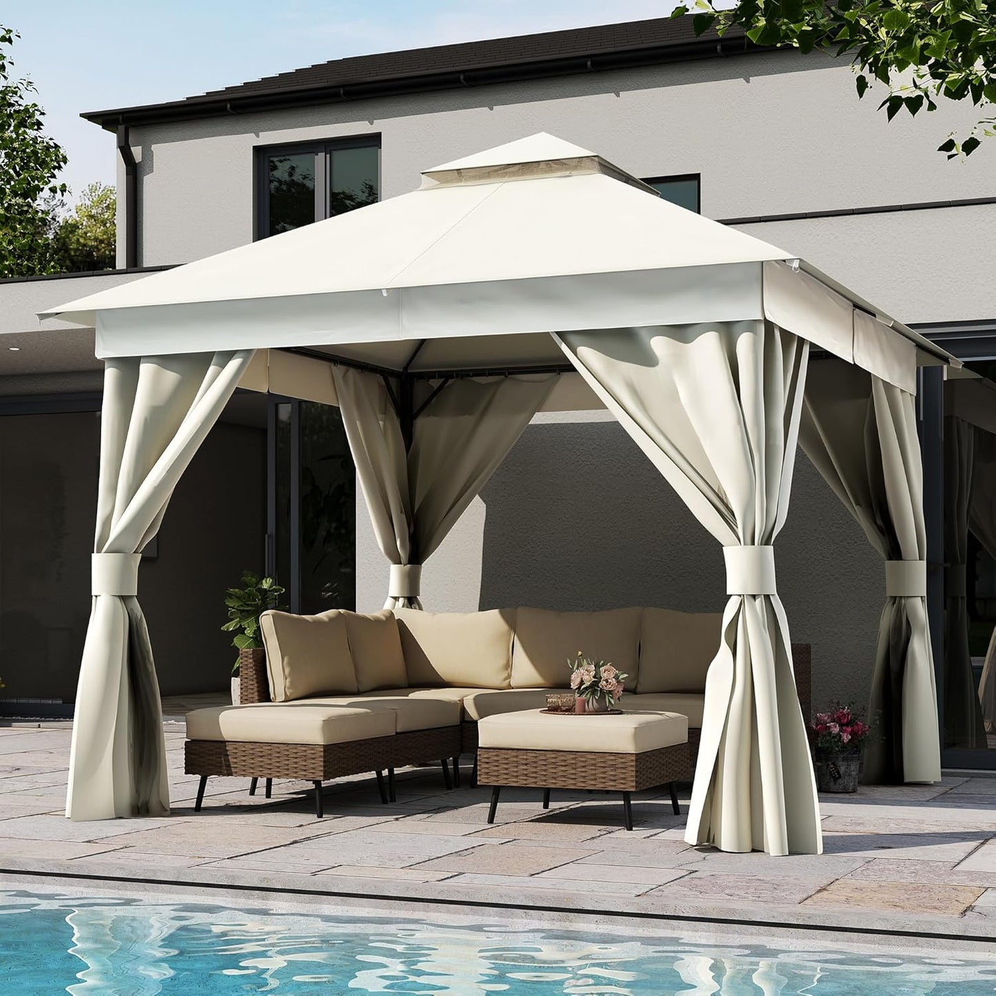 10x20 Gazebo Canopy with 100FT String Lights, Metal Heavy Duty Patio Canopy Tent with Double Roofs, Mosquito Nettings and Privacy Screens for Backyard, Garden, Lawn, Gray