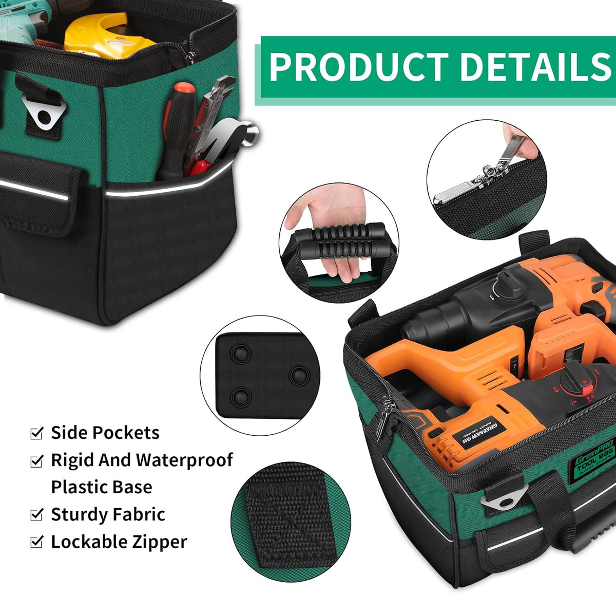 GrenPRO Garden Tool Bag Molded Bottom, Heavy Duty Tool Tote Toolbox with 10 Pockets, Reinforced & Top Snap Closure for Gardening Tools Storage, Dark Green(Tools Not Included)