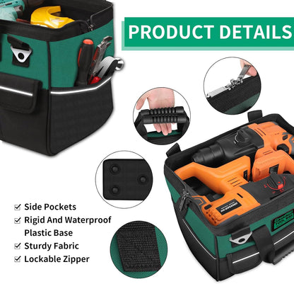 GrenPRO Garden Tool Bag Molded Bottom, Heavy Duty Tool Tote Toolbox with 10 Pockets, Reinforced & Top Snap Closure for Gardening Tools Storage, Dark Green(Tools Not Included)