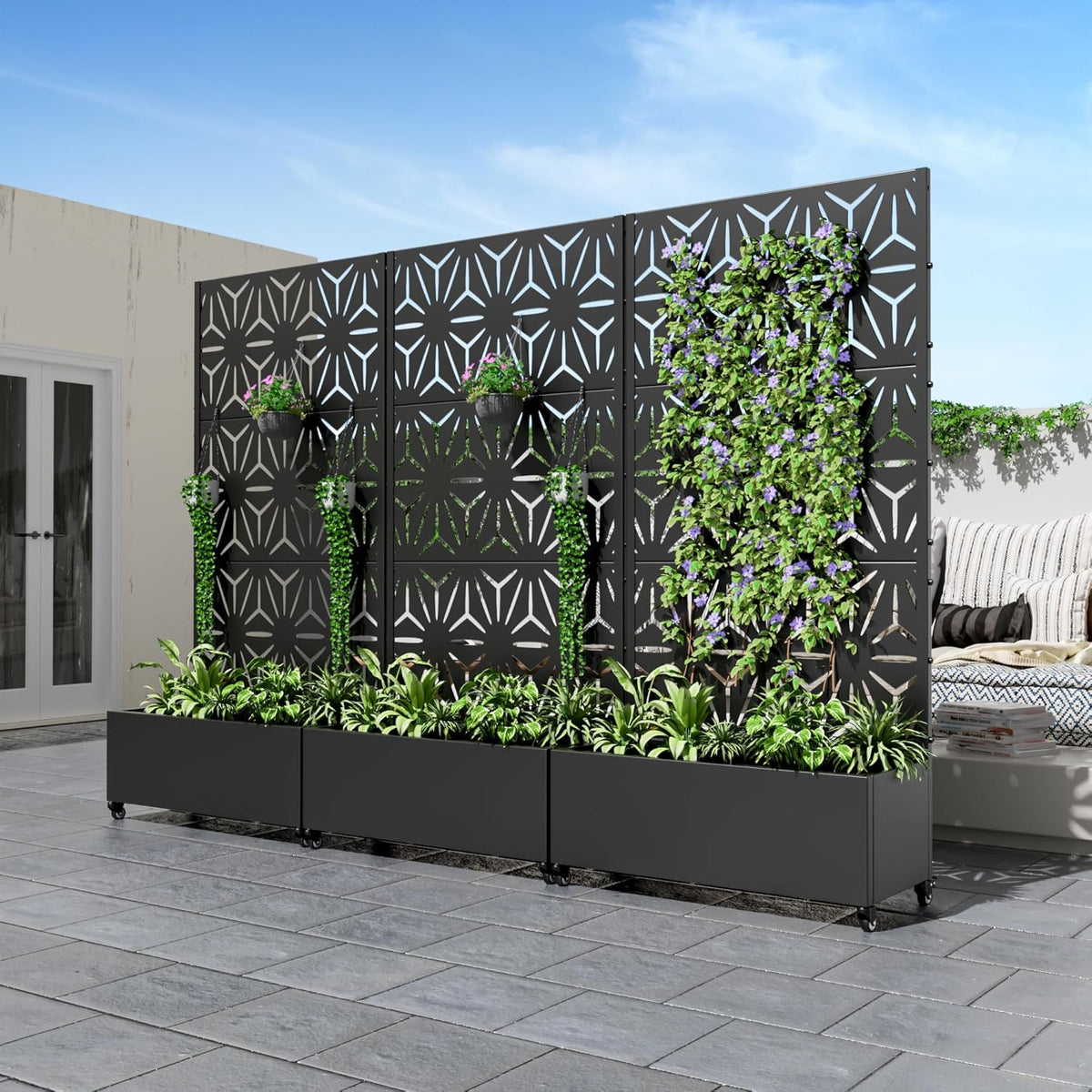 Casaphoria Metal Raised Garden Bed with Trellis and Wheels, 72"x47"x16" Planter Box for Climbing Plants, Vegetables & Vines, Features Drainage Holes and Privacy Screen (Black-Louver) - Colors A