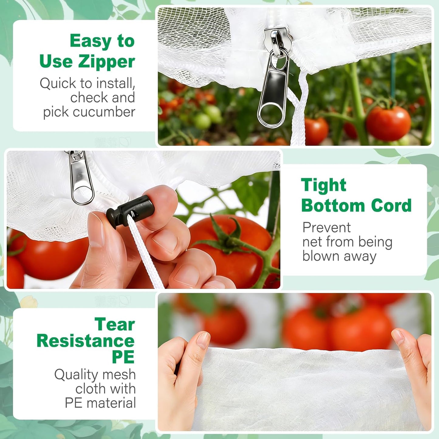 3 Pack Garden Bird Netting Plant Cover for Round Tomato Cage, 61"x13" Insect Bird Barrier Tomato Cage Net with Zipper & Drawstring, Tomato Trellis Netting Protection Cover for Protecting Plants
