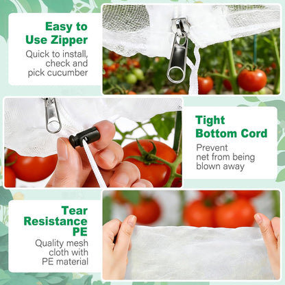 3 Pack Garden Bird Netting Plant Cover for Round Tomato Cage, 61"x13" Insect Bird Barrier Tomato Cage Net with Zipper & Drawstring, Tomato Trellis Netting Protection Cover for Protecting Plants