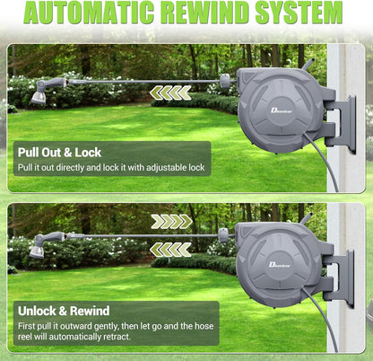 5/8" × 110 ft Retractable Hose Reel, Heavy Duty Retractable Garden Hose Reel Wall Mounted with 10-Pattern Hose Nozzle/Any Length Lock/Slow Return System/180°Swivel Bracket