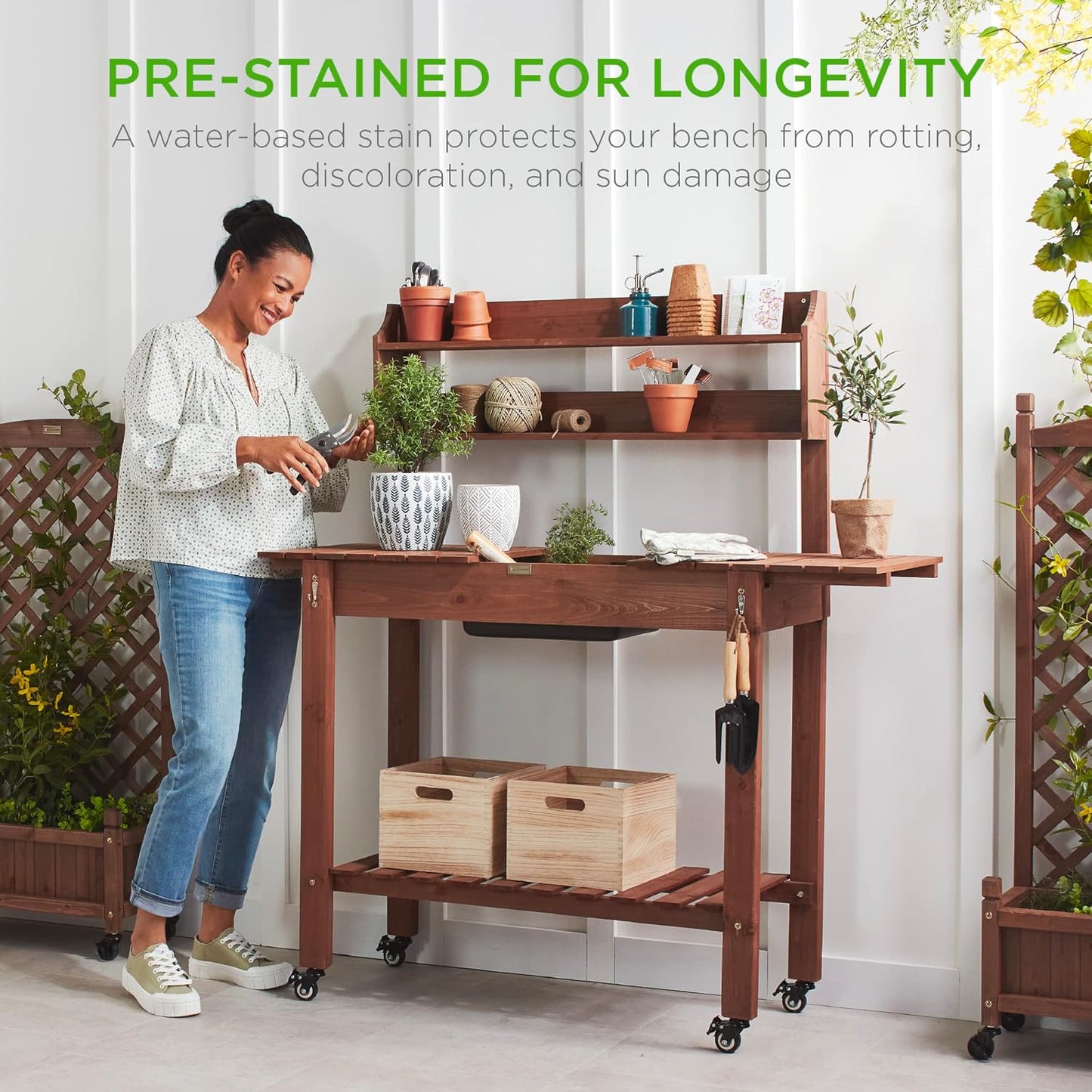 Best Choice Products Mobile Garden Potting Bench, Outdoor Wood Workstation Table w/Sliding Tabletop, 4 Locking Wheels, Food Grade Dry Sink, Storage Shelves - Sage Green