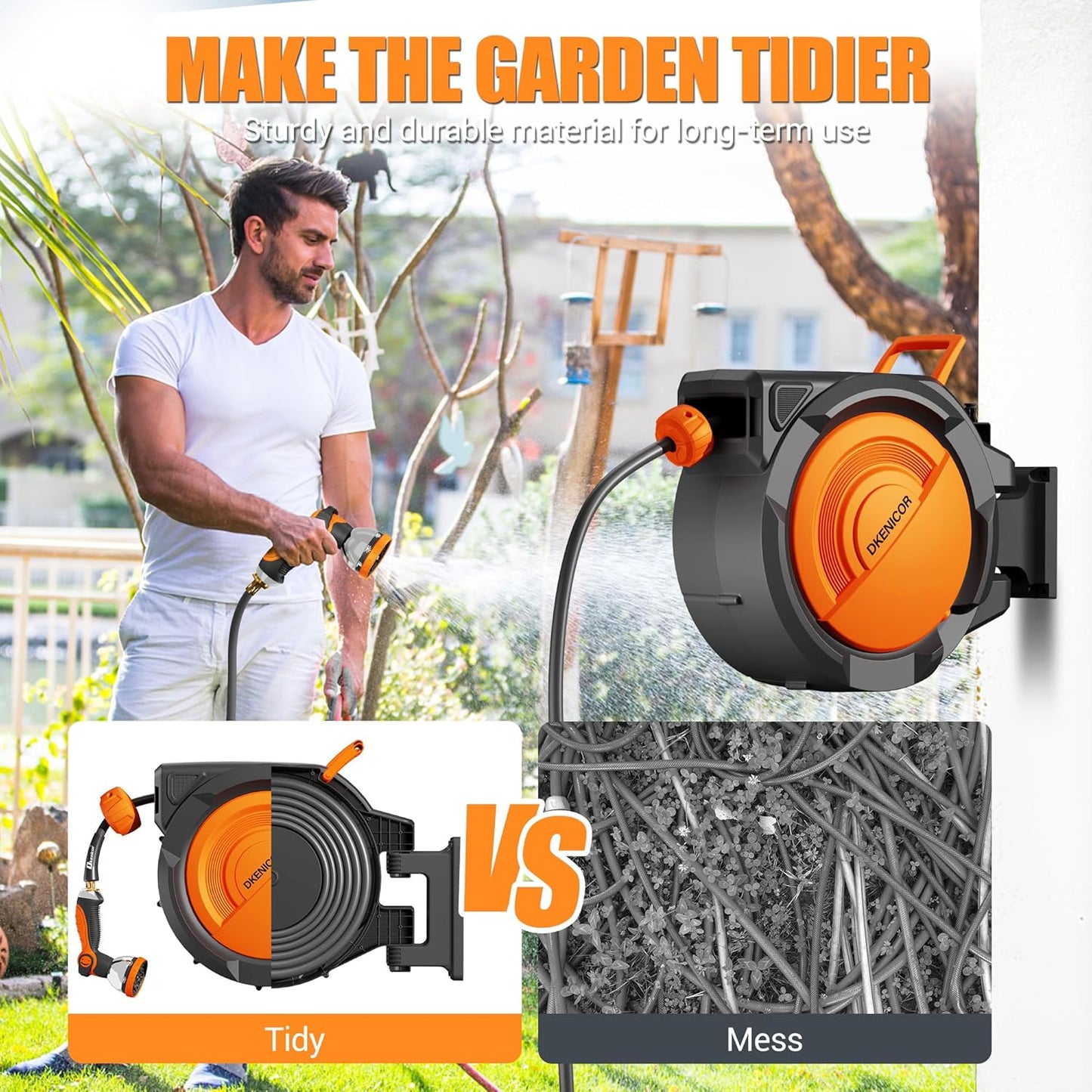 5/8" × 110 ft Retractable Hose Reel, Heavy Duty Retractable Garden Hose Reel Wall Mounted with 10-Pattern Hose Nozzle/Any Length Lock/Slow Return System/180°Swivel Bracket