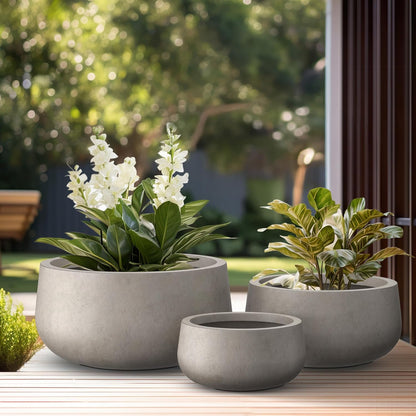 Kante 15.7" Dia Round Concrete Planter, Outdoor Indoor Garden Plant Pots with Drainage Hole and Rubber Plug, Modern Curvaceous Design, Slate Gray