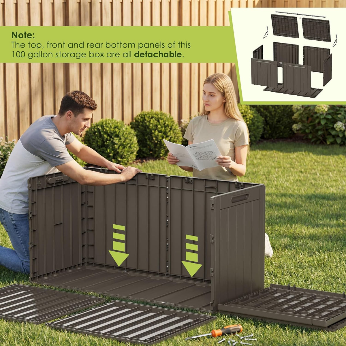 Devoko 100 Gallon Waterproof Large Resin Deck Box Indoor Outdoor Lockable Storage Container for Patio Furniture Cushions Garden Tools (100 Gallon, Black)