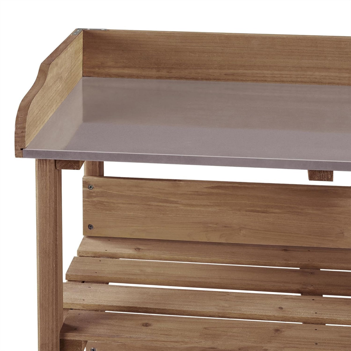 Topeakmart Potting Bench Table w/Metal Tabletop for Garden, Fir Wood Workstation w/3 Tier Shelves, Outdoor Work Bench w/Hook Natural Wood