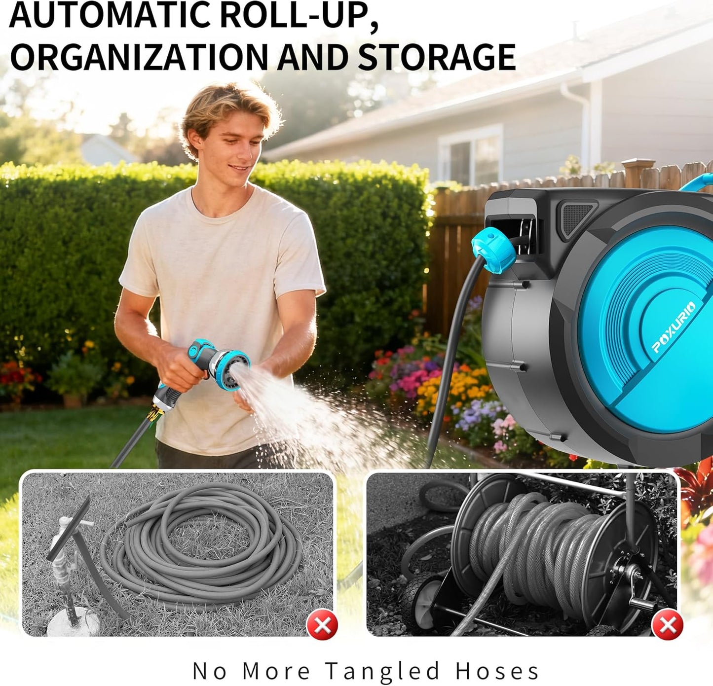 1/2" 150FT Retractable Garden Hose Reel, Wall Mounted Automatic Hose Reel with Upgraded 10 Pattern Nozzle/Any Length Lock/Slow Return System/180°Swivel Bracket, AquaBlue