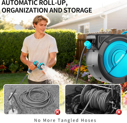 1/2" 150FT Retractable Garden Hose Reel, Wall Mounted Automatic Hose Reel with Upgraded 10 Pattern Nozzle/Any Length Lock/Slow Return System/180°Swivel Bracket, AquaBlue