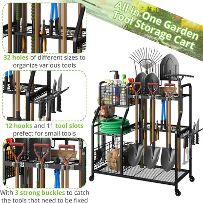 keomaisyto Garden Tool Organizer for Garage Organization, 3 Tier Yard Tool Storage Rack with 35 Long-Handled Tool Slots, Heavy Duty Garden Tool Holder with Large Hooks for Shed, Yard, Garage