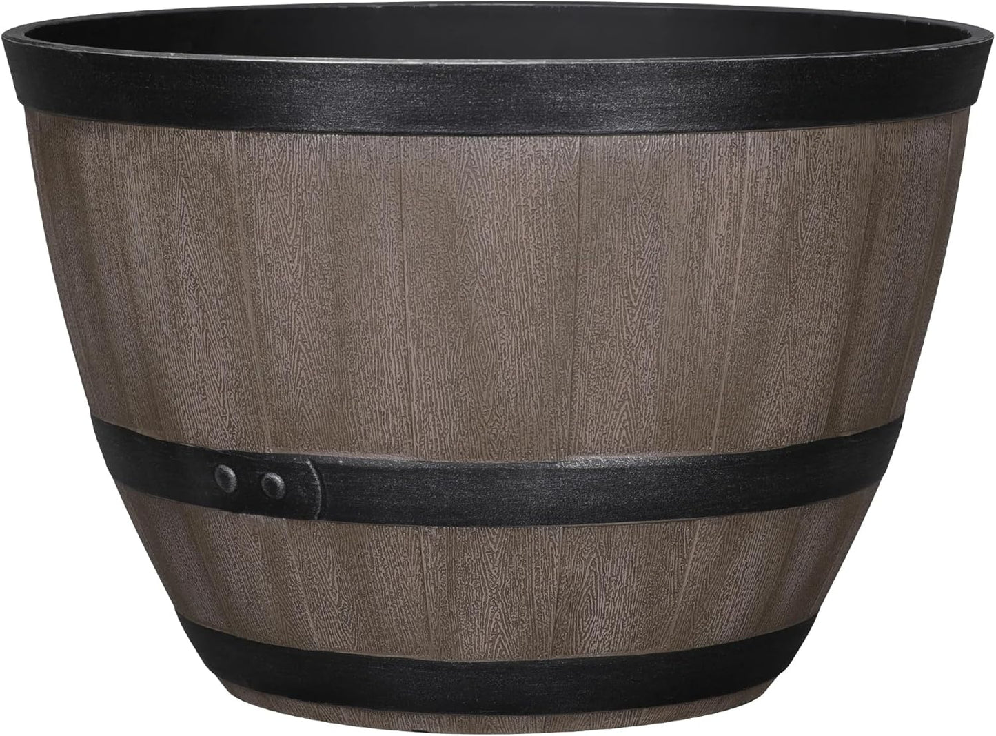 Whiskey Barrel Garden Hose Pot, 18"" Dia. x 12"" H, Walnut Brown – 100% Certified Recycled Resin Outdoor Water Hose Storage with Removable Drainage Plug, UV & Weather Resistant